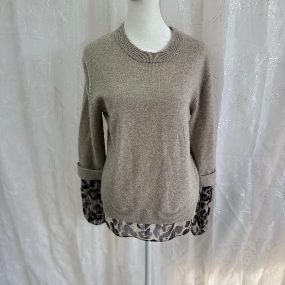 Brochu Walker Wool Cashmere Leopard Layered Look Sweater Tan XS